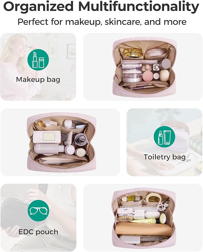 BAGSMART Makeup Bag, Wide Opening Cosmetic Bag Compact & Spacious, Water-Resistant Travel Organizer Pouches for Women (Nude Pink)