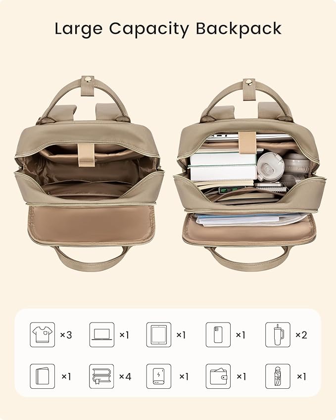 LOVEVOOK Laptop Backpack for Women with Giant Tumbler Holder Pocket, 15.6 inch Travel Work Backpack Purse for Teacher Nurse, Waterproof College Book Bag Cute Casual Daypack, Beige-Khaki