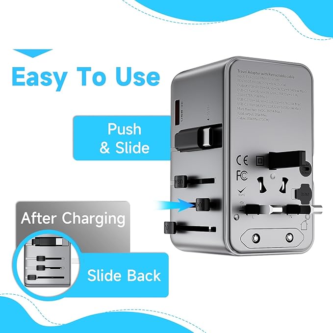 Minthouz Universal Travel Adapter, International 35W Power Adapter GaN Fast Charger with 3 USB-C PD & Cable & 1 USB-A Ports, All-in-One Portable AC Power Plug Adapter for USA EU UK AUS and More