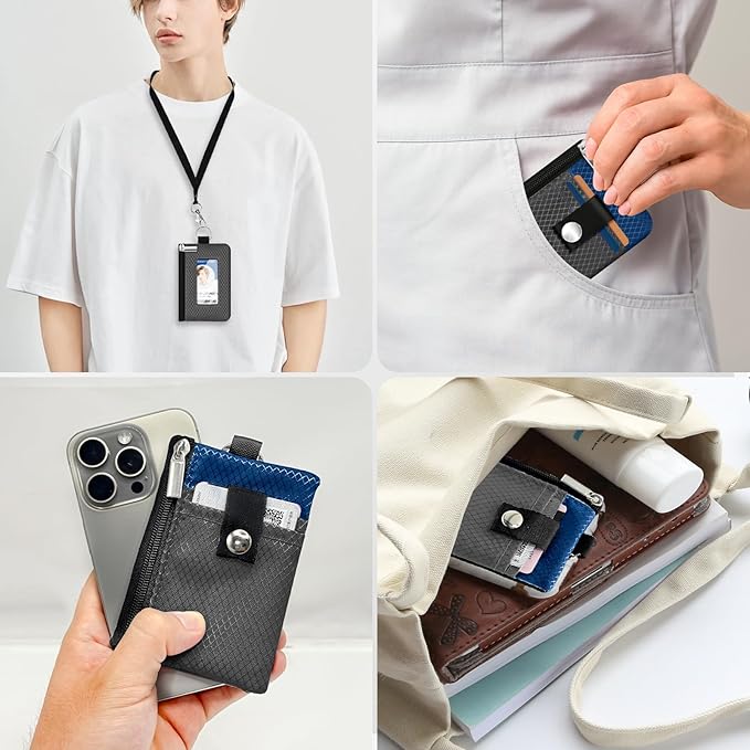 Minimalist RFID Blocking Small Wallet with ID Window,WaterResistant Zip Id Case Wallet with Lanyard Keychain for Cards,Cash,Travel,Women,Men (DarkGrey/Electric Blue)