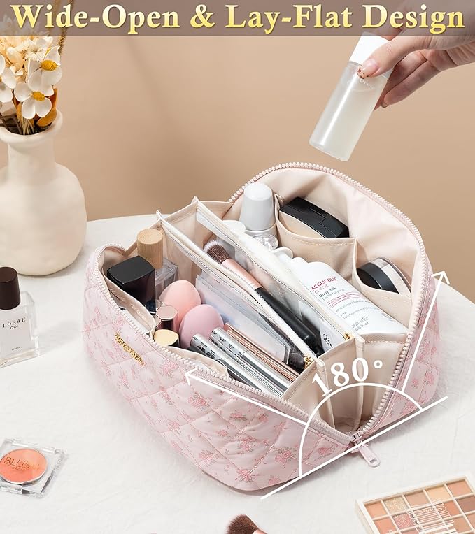 Travel Makeup Bag, 3 Pcs Large Capacity Puffy Toiletry Bag for Women, Open Flat Quilted Make up Cosmetic Organizer w/Handle & Clear Divider Water-resistant Portable Pouch Travel Essentials, L-Cherry