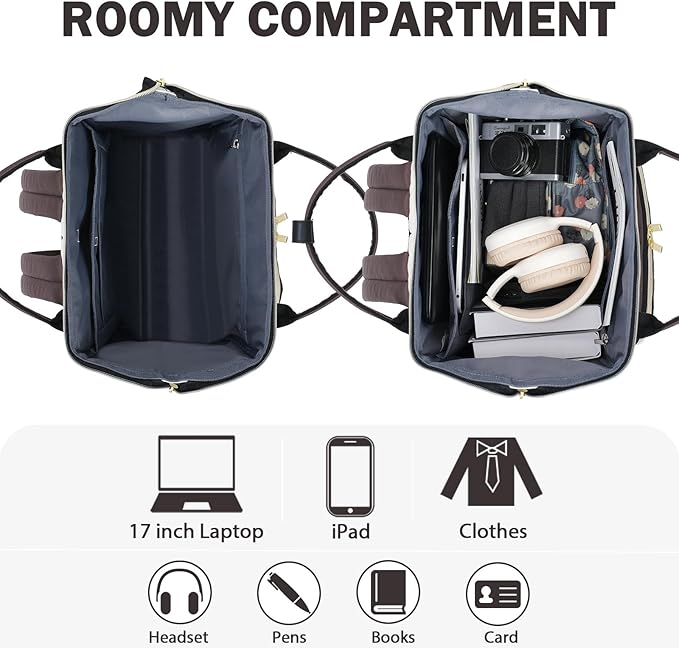 EMPSIGN 17 Inch Laptop Backpack for Women, Work Business Travel Computer College Bags, Large Capacity Water-repellent Quilted Casual Daypack, Beige-Coffee