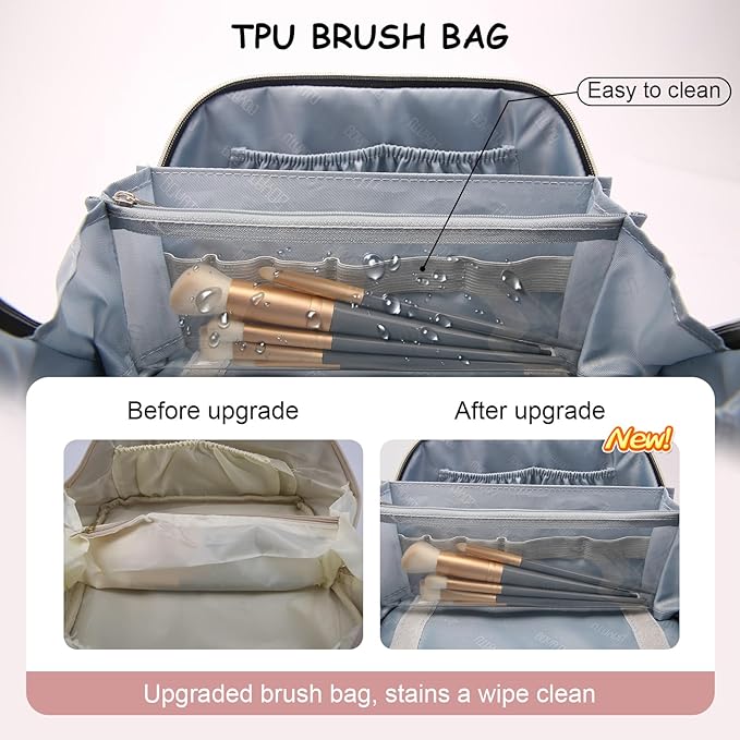 BOYATU Travel Makeup Bags for Women: 3 Pcs Set Wide Open Cosmetic Bag - Portable Make up Bags with Handle - Vegan Leather Toiletry Organizer Bag with Divider (G-02-Pink)