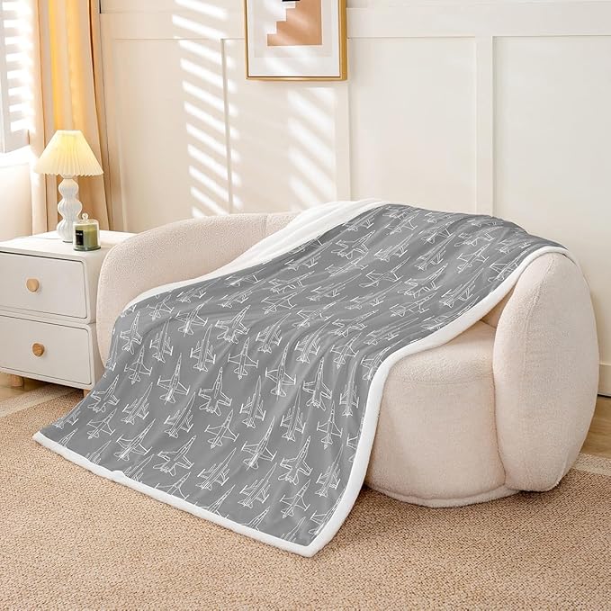 Cartoon Airplane Kids Throw Blanket, American Aircraft Toddler Bed for Girls Boys Adults, Hand-Painted Air Plane Fleece, Grey White Unique Fuzzy, 40 x 50 Inches