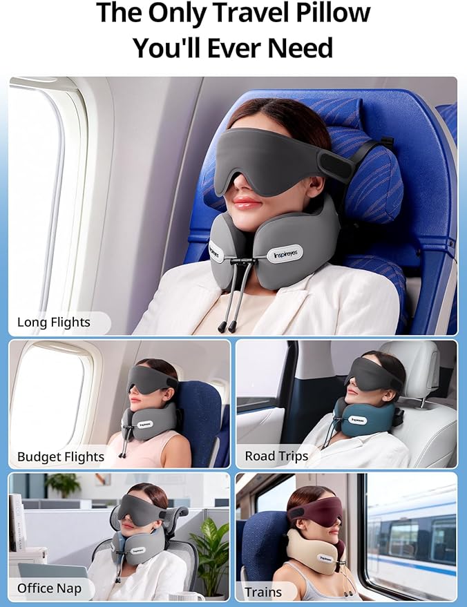 Inspireyes Neck Pillow, Travel Pillow with Seat Strap, 3D Sleep Mask, Dual Support Neck Head, High Supportive Foam Airplane Pillow for Long Flight, Stop Bobblehead Travel Essential, Light Grey