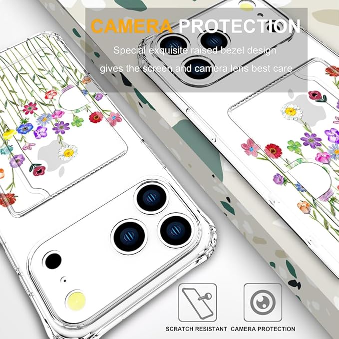 Compatible with iPhone 17 Pro Case Card Holder for Women Cute Design,Wallet Phone Cases Transparent Cool Kawaii Protective (Clear Flower Floral Bouquet)