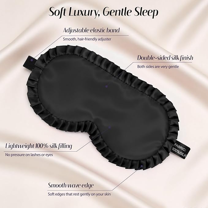 Silk Sleep Mask for Women: 100% Mulberry Silk Eye Mask, Black Back Sleeping Mask for Light Blocking, Soft Wavy Edge Eye Cover and Adjustable Strap, Travel & Sleep Gift (Black)