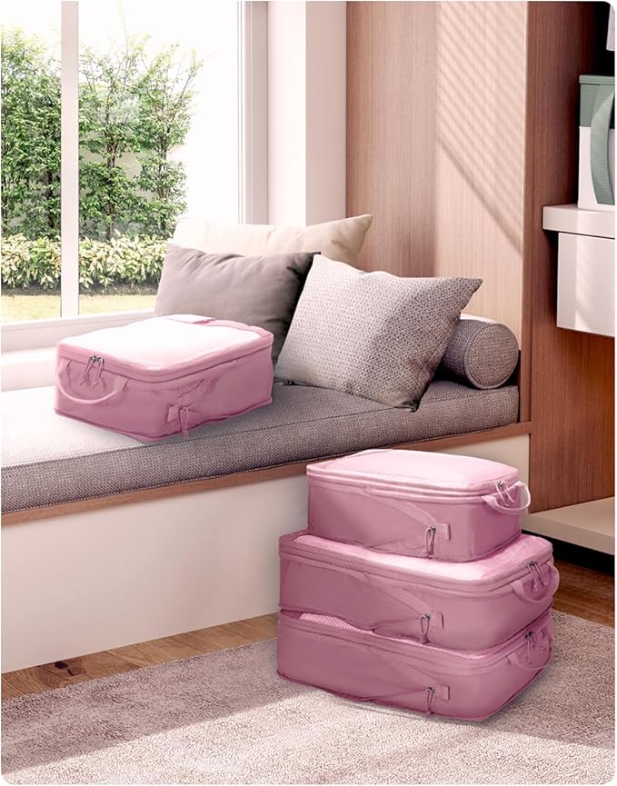 ECOHUB 4 Set Compression Packing Cubes for Travel Essentials, Suitcases Organizer Bags with Tag, Travel Bags Organizer for Luggage, Dusty Rose-Compress