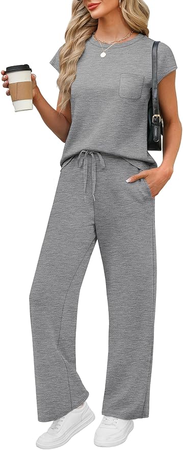 WIHOLL 2 Piece Sets for Women Casual Summer Travel Vacation Outfits Cap Sleeve Lounge Set