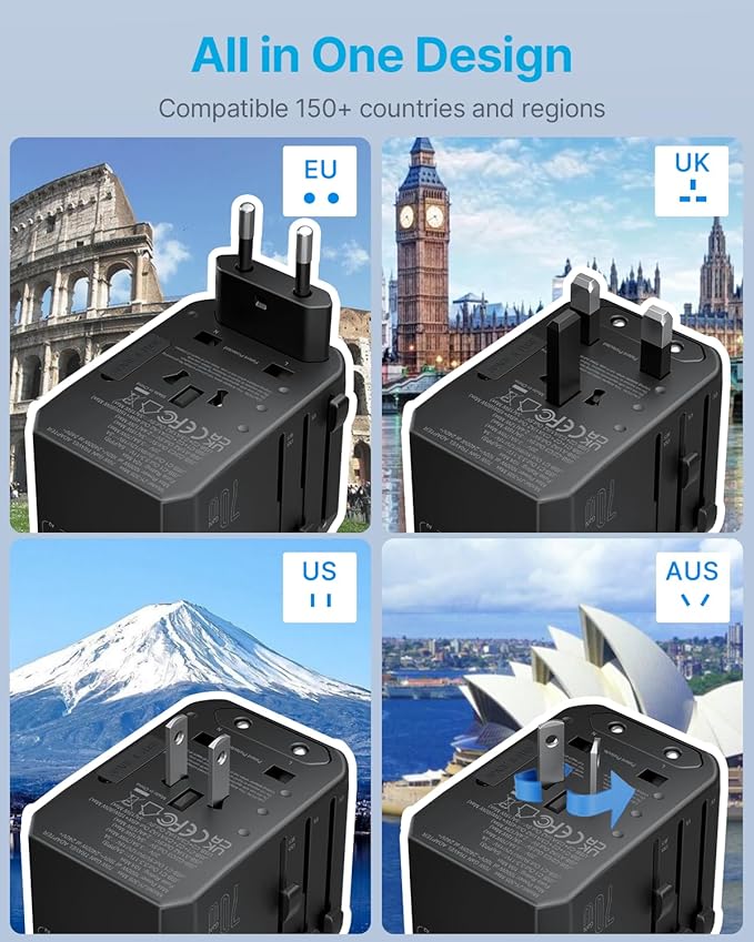 Universal Travel Adapter, VINTAR 70W GaN International Power Adapter with 5 USB Ports (3 USB-C), Worldwide Travel Plug Adaptor, All in One Travel Essentials Outlet Converter for UK/EU/USA/AUS, Black