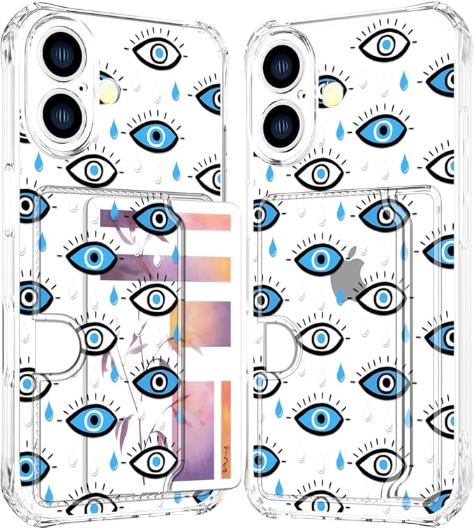Compatible with iPhone 17 Case Card Holder for Women Cute Design,Wallet Phone Cases Transparent Cool Kawaii Protective (Clear Blue Evil Eyes)
