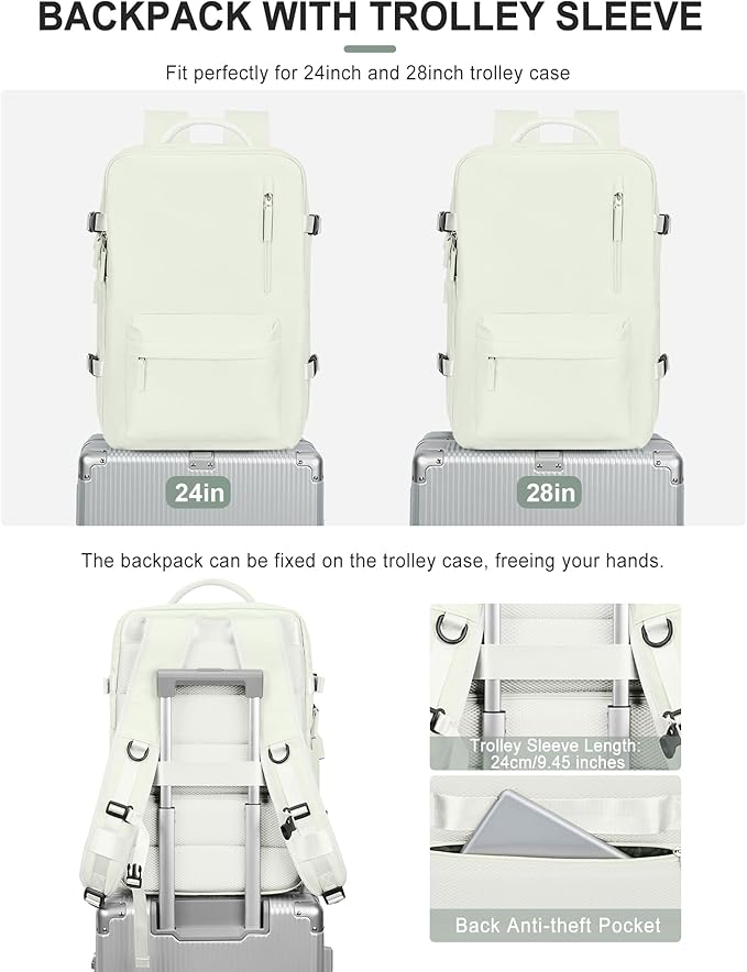 VGCUB Large Travel Backpack Bag for Women Men,Carry on Backpack,17 Inch Laptop Business Work Waterproof Backpack with Laptop Compartment,Person Item Flight Approved,Mochila de Viaje,White Expandable