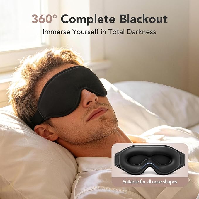 Sleep Mask for Side Sleepers, 3D Deep Contoured Blackout Eye Mask for Sleeping, Zero Pressure Lash-Friendly, Adjustable Light Blocking Travel Mask for Men & Women, Black