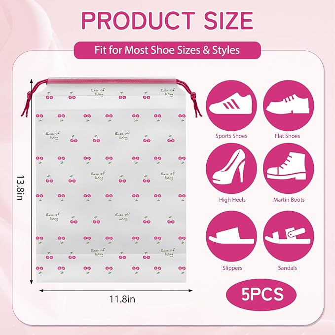 Shoe Bags for Travel, 13.8" x 11.8" Travel Shoe Bags for Packing, Large Waterproof Portable Travel Shoe Storage Bags Travel Essentials Women for and Men (5, Cherry)
