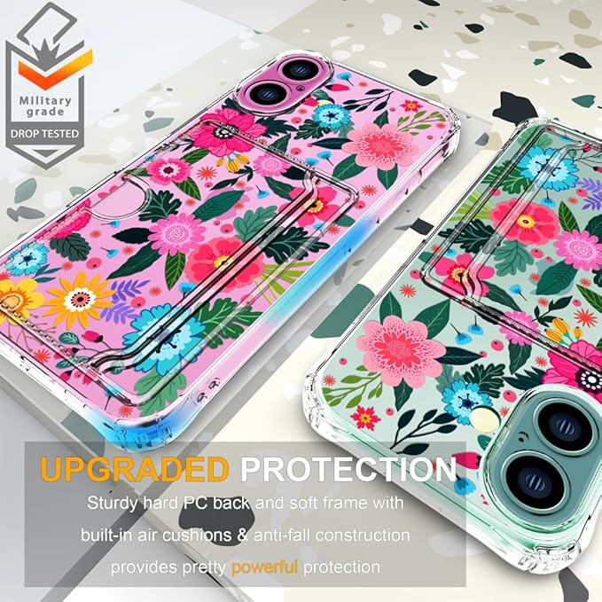 Compatible with iPhone 17 Case Card Holder for Women Cute Design,Wallet Phone Cases Transparent Cool Kawaii Protective (Clear Floral Spring Blossom)