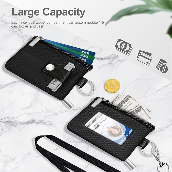 Minimalist RFID Blocking Small Wallet with ID Window,WaterResistant Zip Id Case Wallet with Lanyard Keychain for Cards,Cash,Travel,Women,Men (Black)