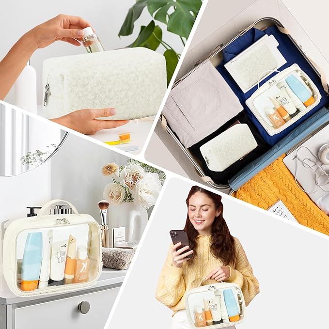 Bluboon 3Pcs Makeup Toiletry Bag for Women, Clear Packing Cubes Cosmetic Bag for Travel Women With Zipper Travel Essentials (Beige Lamb Wool)