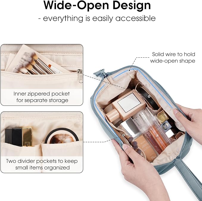Narwey Wide-open Makeup Bag Women Make up Bag Travel Cosmetic Bag Organizer Toiletry Bag for Cosmetics Toiletries Accessories (Greyish Blue)