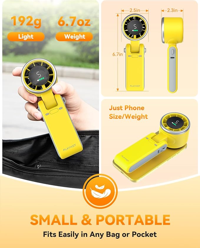 PlayHot Portable Handheld Turbo Fan, 5-Speed Personal Fans, 5000mAh Rechargeable Fans Up to 12 Hours, Weight only 0.6lb Small Fan, Hand/Neck/Desk Fan 3 IN 1, Beach Vacation Essentials(Yellow)