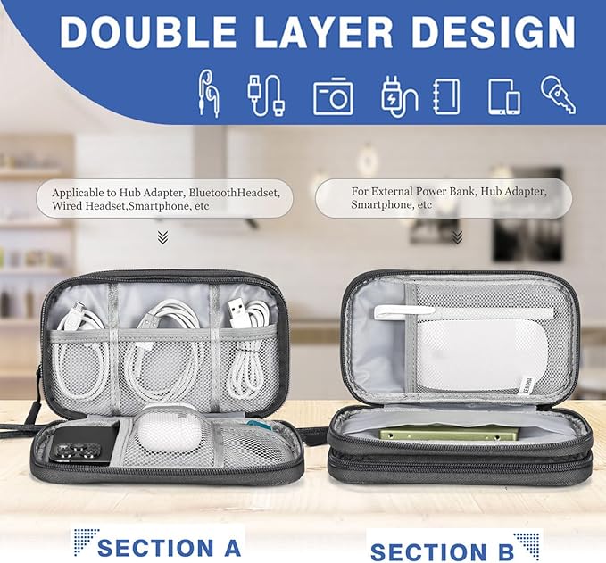CAAORDKSO Electronics Organizer Case, Cable Organizer Bag Waterproof Electronic Accessories Carry Case with Handle for Cable, Cord, USB, Charger, Phone, Power Bank, Earphone (Dark Gray, Medium)