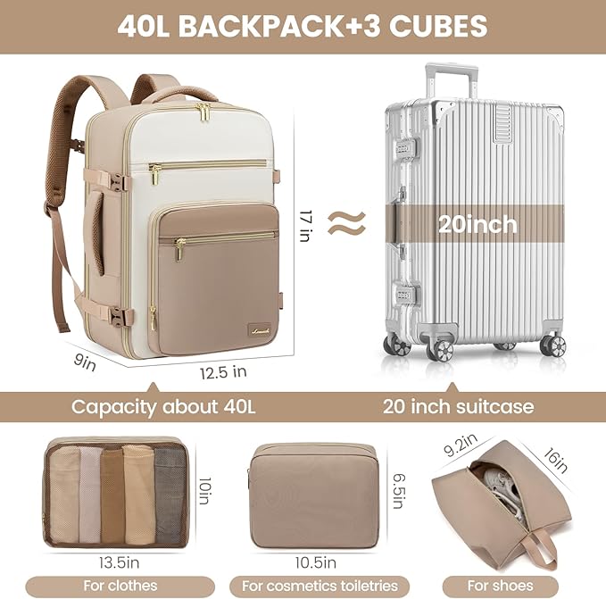 LOVEVOOK Travel Backpack For Women,40L Carry On Backpack Flight Approved,TSA Personal Item Travel Bag Fits 17 Inch Laptop,Business Weekender Overnight Daypack with Back Pad and Chest Buckle,Cubes