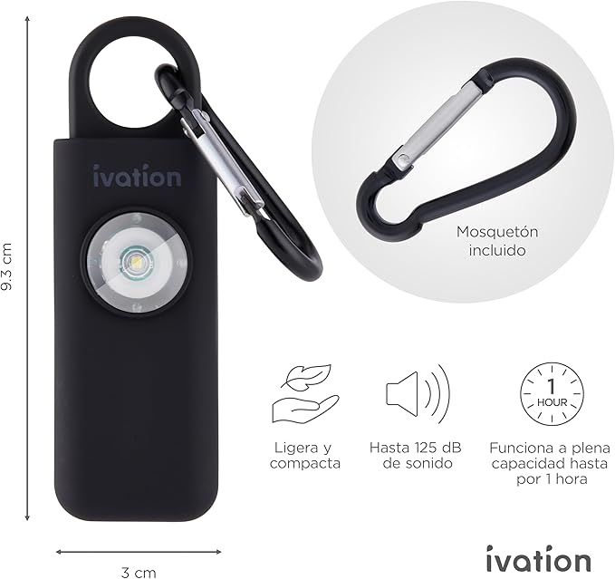 Ivation Personal SOS Alarm Keychain | Self-Defense Safety Siren & LED Panic Strobe Light with Carabiner Clip for Women, Children & Seniors | Pocket Size, Loud 125 dB Sound, Air Travel Friendly