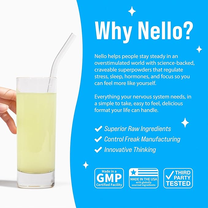 Nello Supercalm Powdered Drink Mix, Cortisol Reducer* and Sleep Aid Supplement, L Theanine, Ksm-66 Ashwagandha, Magnesium Glycinate, Vitamin D 3, No Sugar, Non GMO, On The Go, 20 Ct, Lemon Lime