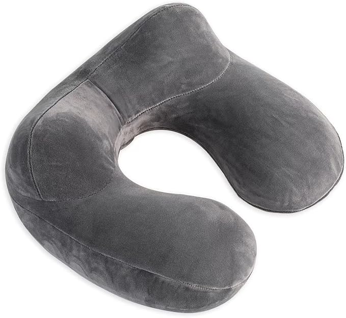 Inflatable Travel Pillow, Neck Pillow Support for Traveling, Airplanes, Cars, and Offices with Compact Carrying Bag, Soft Velvet Washable Cover, Ideal for Adult Sleepers (Grey)