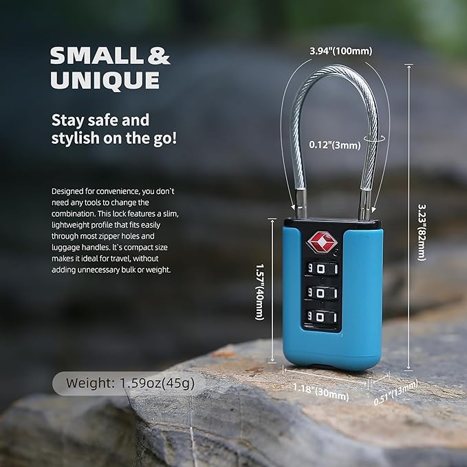 TSA Approved Luggage Locks, 3-Digit Waterproof Padlock, Combination Travel Cable Lock, Lockers, Suitcases, Toolboxes (Blue+Blue)