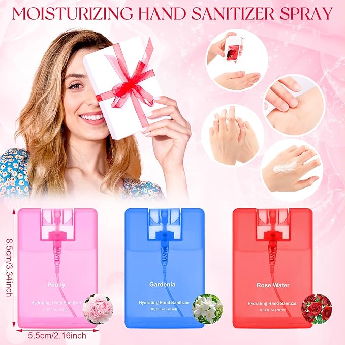 Set of 3 Power Mist Hydrating Hand Sanitizer Spray Travel Size Effective Moisturizing Hand Sanitizer 0.67 Fl. oz Compact Card Spray Bottle Peony Gardenia Rose Water for Mother's Day Mom Gifts