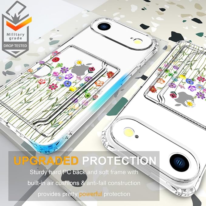 Compatible with iPhone 17 Air Case Card Holder for Women Cute Design,Wallet Phone Cases Transparent Cool Kawaii Protective (Clear Flower Floral Bouquet)