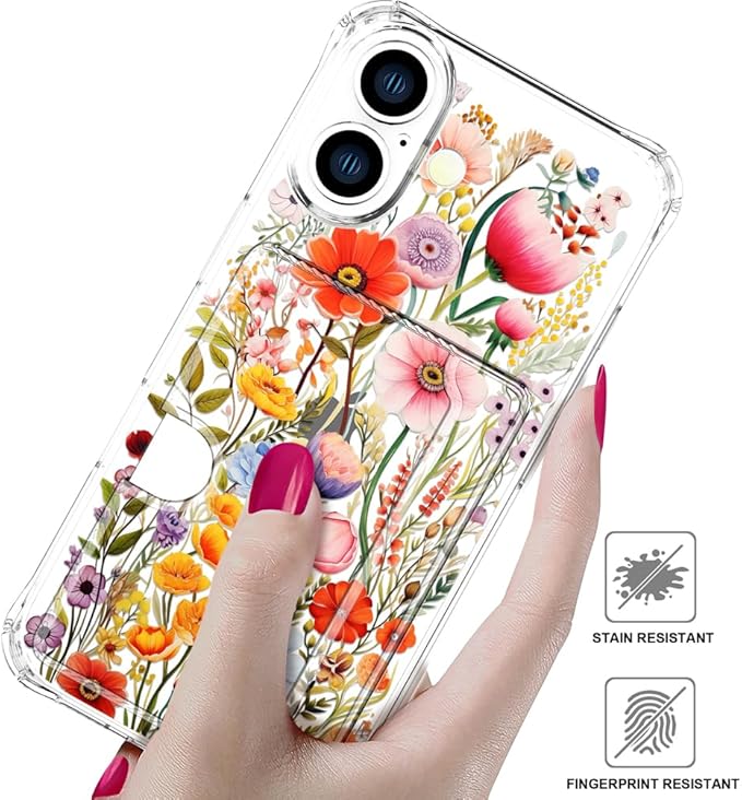 Compatible with iPhone 17 Case Card Holder for Women Cute Design,Wallet Phone Cases Transparent Cool Kawaii Protective (Clear Flowers Lily Girly Florals)