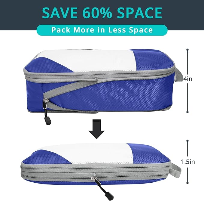 NICOSHOW Compression Packing Cubes 3 Set, Compressible Space-Saving Packing Cubes for Travel - Compression Bags, Luggage Organizer, Travel Essentials for Women, Royal Blue