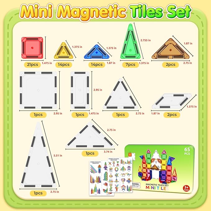 65PCS Mini Travel Magnetic Tiles with Case Set Toddler Essentials Toys, Magnetic Building Blocks Kids Games Sensory Montessori Education Learning Toys for 3+ Year Old Boys Girls Birthday Gifts