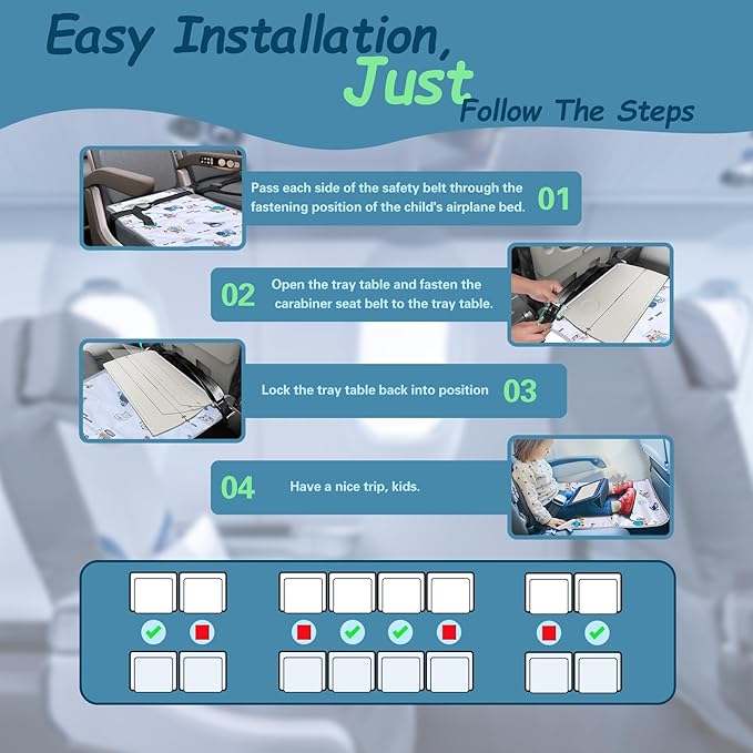 FUNSTAR Airplane seat Extender for Kids, Toddler Airplane Bed with Blanket, Airplane Travel Essentials, Durable and Comfortable Baby Portable Airplane Bed Flight Footbed (White).