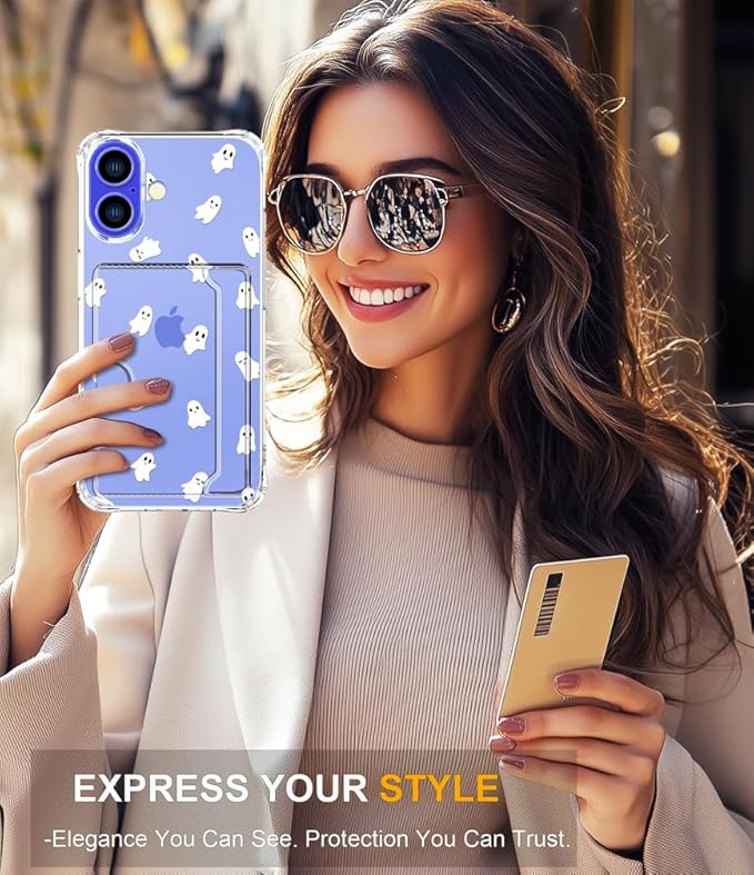 Compatible with iPhone 16 Case Card Holder for Women Cute Design,Wallet Phone Cases Transparent Cool Kawaii Protective (Clear Ghosts Halloween Hallowmas)