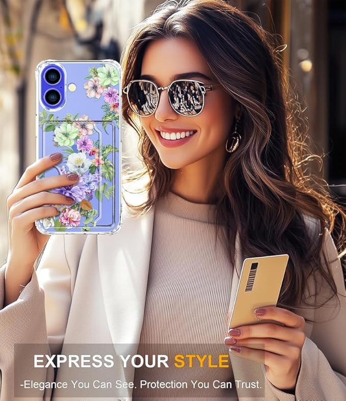 Compatible with iPhone 16 Plus Case Card Holder for Women Cute Design,Wallet Phone Cases Transparent Cool Kawaii Protective (Clear Impressive Flowers)