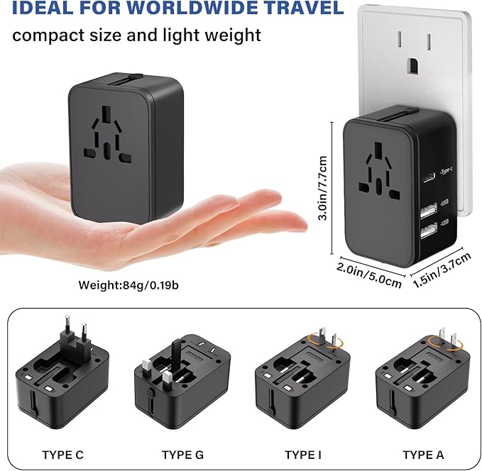 Travel Plug Adapter with 2 USB A+1 USB C,Universal All in One Worldwide Travel Adapter,Power Converters Wall Charger,AC Power Plug Adapter,International Power Adapter for USA EU UK AUS Black
