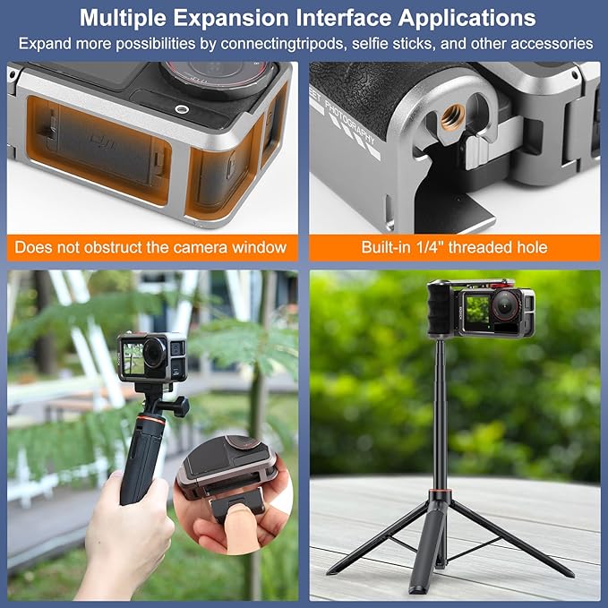 Metal Camera Cage with Handle Grip for DJI Osmo Action 5 Pro/Action 4/Action 3, Titanium Aluminum Alloy Expansion Adapter, Magnetic Quick-Release Street Grip Kit, Ergonomic Handle Holder