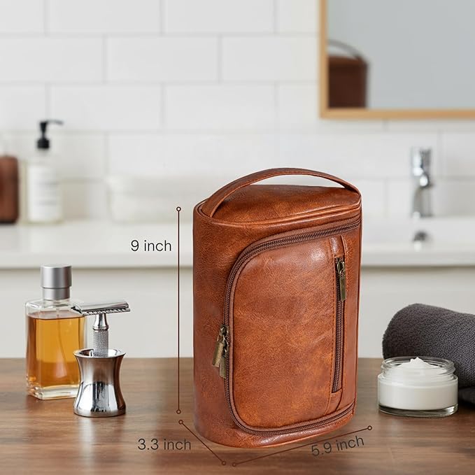 Mens Toiletry Bag, Compact Dopp Kit for Men Travel, PU Leather Shaving Kit, Water-Resistant Minimalist Organizer with Wrist Strap, Travel Toiletry Bag, Gift for Men,Small 9X5.9X3 Inch Brown