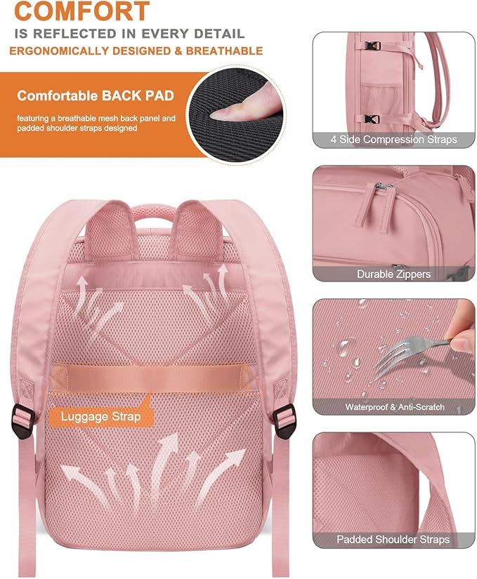 Capolo Travel Backpack for Women Men Waterproof Laptop Backpack Airlines Approved Carry On Backpack Bag Computer Bookbag for Business, Work, Traveling Fits 17 Inch Laptop(Pink)