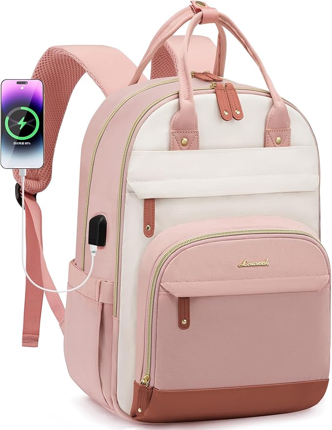 LOVEVOOK Backpack for Women,Laptop Backpack Women,Fits 17 Inch Laptop Bag,School Backpacks,Fashion Travel Work Anti-theft Bag,Waterproof Business Computer College Backpack Purse,Pink-Beige