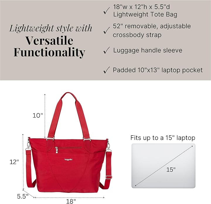 Baggallini Avenue Tote - 12x18 Laptop Tote Bag for Women - Lightweight Work Travel Carry On Bag