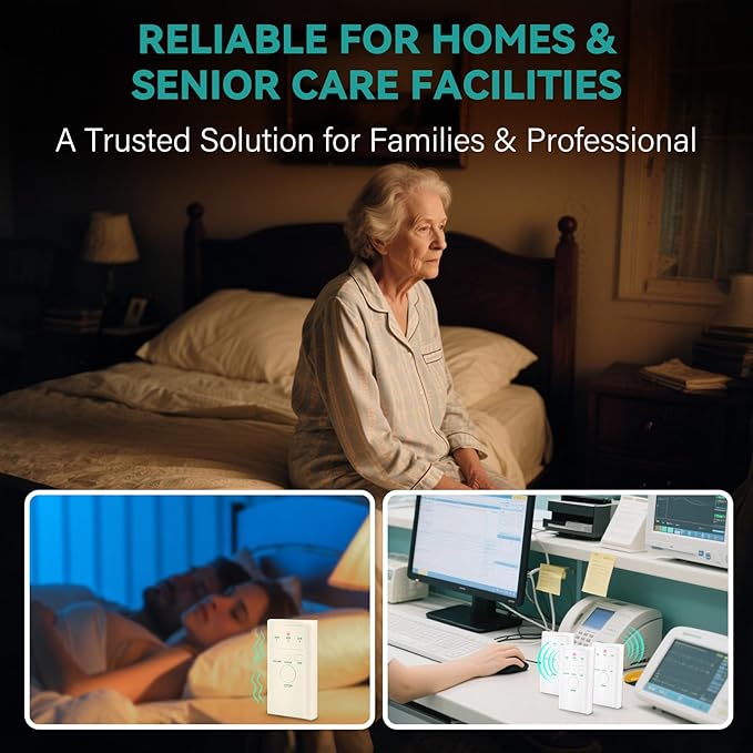 Wireless Bed Alarm for Elderly - Fall Prevention Sensor Pad with Pager - Early & Exit Alert Modes for Dementia Patients - Under Mattress Support, Replaceable Battery