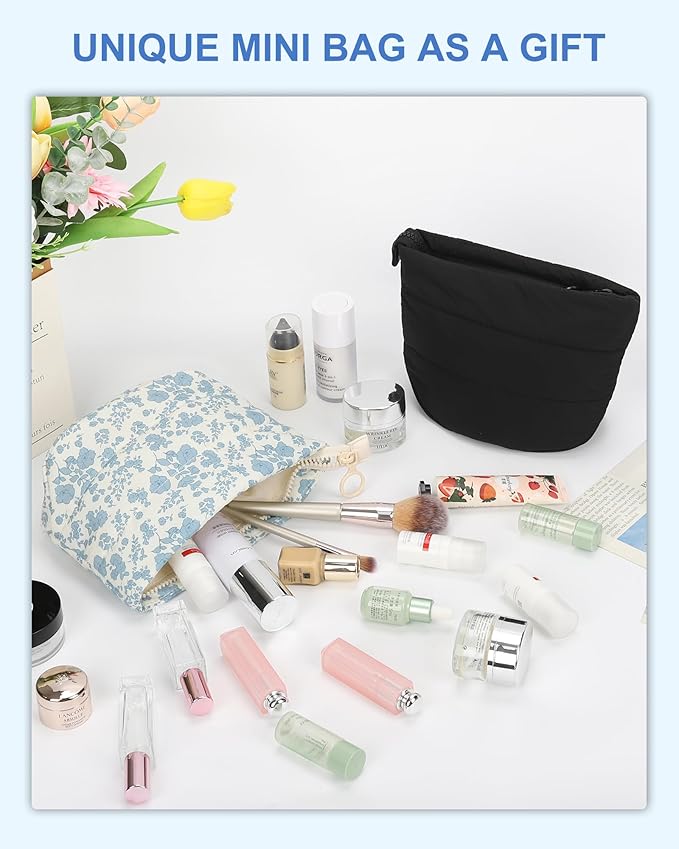 Small Makeup Bag, Portable Roomy Cosmetic Bag for Women, Floral Make Up Pouch, Mini Toiletry Bag Accessories Organizer for Trip, Office Stationery - Blue Flower