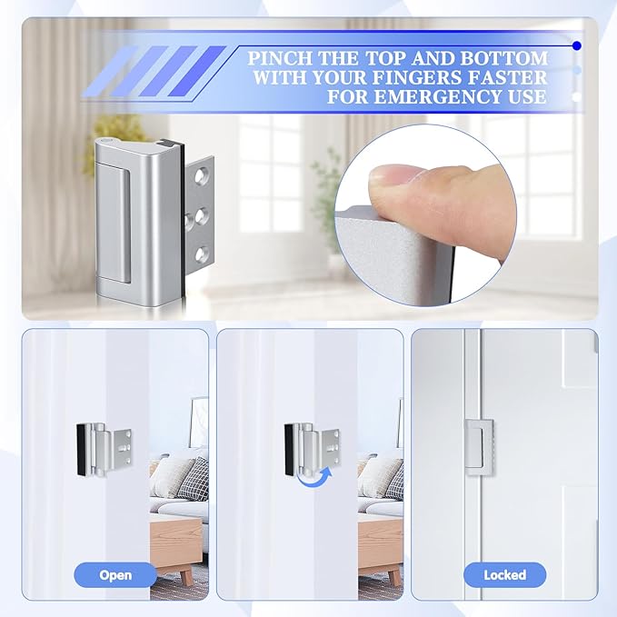 Child Safe Door Reinforcement Lock 2 Pack, 800lbs Heavy Duty Aluminum Inward Door Security Lock, 3 Inch Stop with Protective Silicone Strips for Extra Kids Safety, Silver