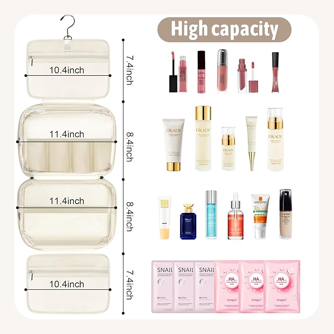 YOPCDJ PU Leather Waterproof Travel Toiletry Bag with Jewelry Organizer, Hanging Travel Bag for Toiletries,Cosmetic Bags for Women Toiletries Organizer with 4 Compartments Portable Travel Essentials