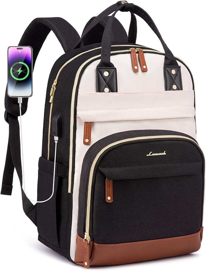 LOVEVOOK Backpack Purse for Women, Fits 17 Inch Laptop, Fashion Travel Work Anti-theft Bag, Business Computer Waterproof University Backpacks, Beige-Black-Brown