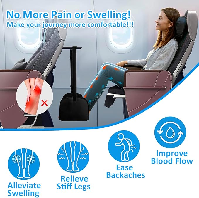 Foot Hammock Airplane, Memory Foam Footrest Under Desk with 2 Hanging Hooks, Adjustable Office Footstool Feet Rest Airplane Hammock Travel Footrest Plane Foot Sling for Gaming Long Flight, Grey