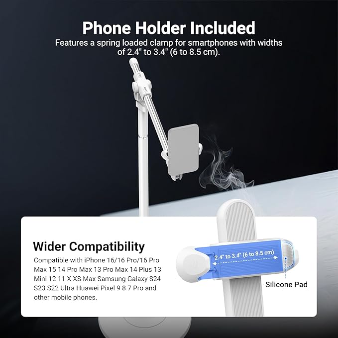 NEEWER Basics Phone Floor Stand with Horizontal Extension Arm, Adjustable Cell Phone Holder Clamp Mount Compatible with iPhone Samsung for Video Recording Bed Lying Down, Weighted Base, ST009 White
